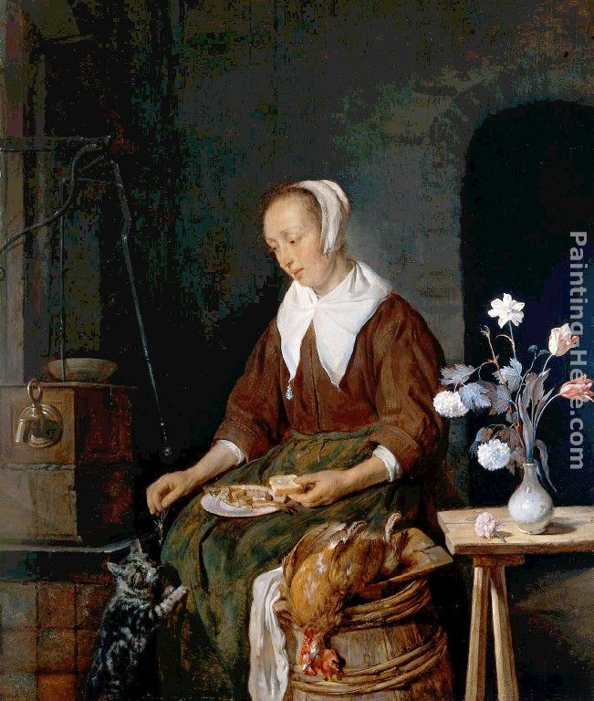 Woman Eating and Feeding her Cat painting - Gabriel Metsu Woman Eating and Feeding her Cat art painting